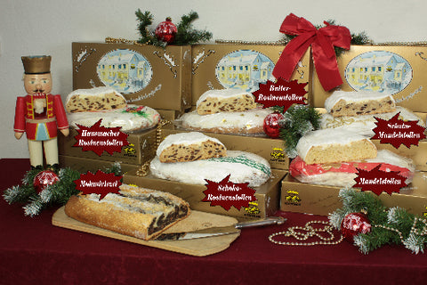 Übersicht unserer Stollen: Rosinenstollen, Butterrosinenstollen, Mandelstollen Schokomandelstollen, Schokorosinenstollen und Mohnstriezel